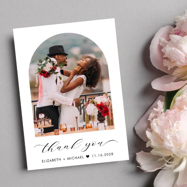 Elegant Wedding Photo Arch Thank You Card (Celebrate your love story with a thank you card showcasing your photo in an elegant arch frame)