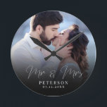 Elegant Wedding Photo Chic NewlyWed Round Clock<br><div class="desc">This elegant script photo clock will be a beautiful keepsake of your wedding day! The unique calligraphy reads 'Mr and Mrs' alongside your custom family name and date. Add your wedding photo and make this into a perfect gift for the newlywed bride,  an anniversary,  or vow renewal!</div>