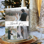 Elegant Wedding Photo Collage Thank You Card<br><div class="desc">Elegant, Stylish Minimalist Hand Lettered Wedding Photo Collage Thank You Folded Card. This card template featuring three (3) photo on the front and one (1) photo inside. With the text "thank you" in a pretty hand lettered typography script font script font with swashes in black on white background. Personalize the...</div>