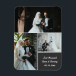 Elegant Wedding Photo Collage With Custom Names Magnet<br><div class="desc">Celebrate your special day with this elegant and fully customizable wedding photo magnet. Featuring a beautiful 3-photo collage layout and editable text for names, wedding date, and message, this keepsake magnet makes the perfect wedding favour, thank you gift, or memento for guests and family. Personalize it in seconds: - add...</div>