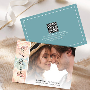 Elegant Wedding Photo Floral Watercolor Blue Save The Date