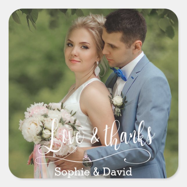 Elegant Wedding Photo Love & Thanks Square Sticker (Front)