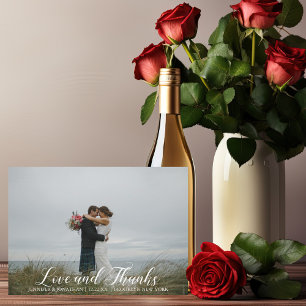 Elegant Wedding Photo Love & Thanks White Script Thank You Card