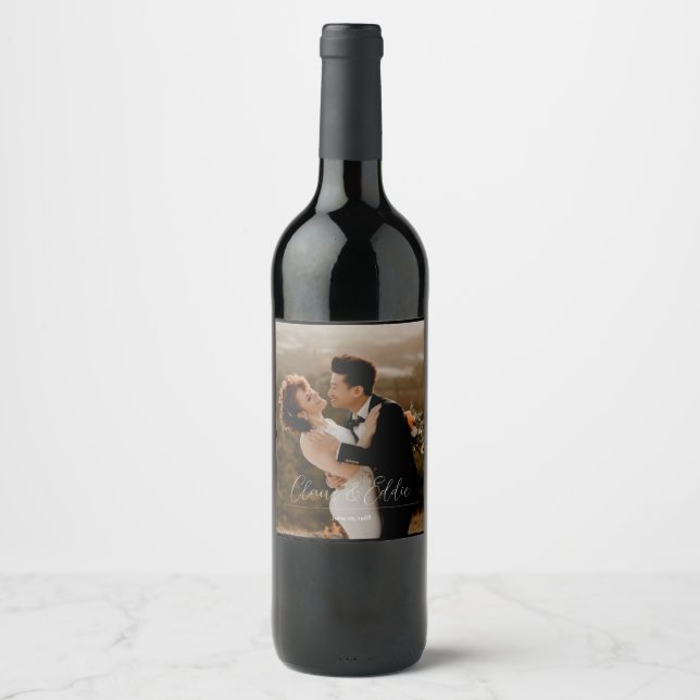 Elegant wedding photo personalized custom script wine label (Front)