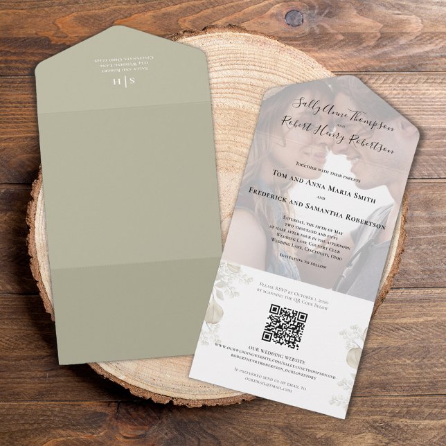 Elegant Wedding Photo Sage Greenery  All In One Invitation (Elegant wedding all-in-one invitation with botanical greenery. )