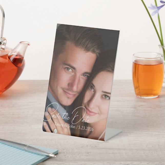 Elegant Wedding Photo Save The Date Pedestal Sign (In SItu)