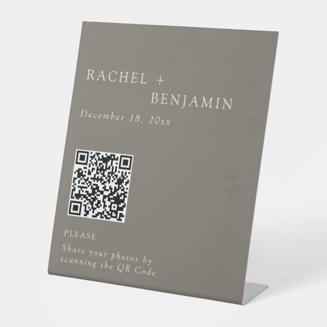 Elegant Wedding Photo Share QR Code Taupe Pedestal Sign (Front)
