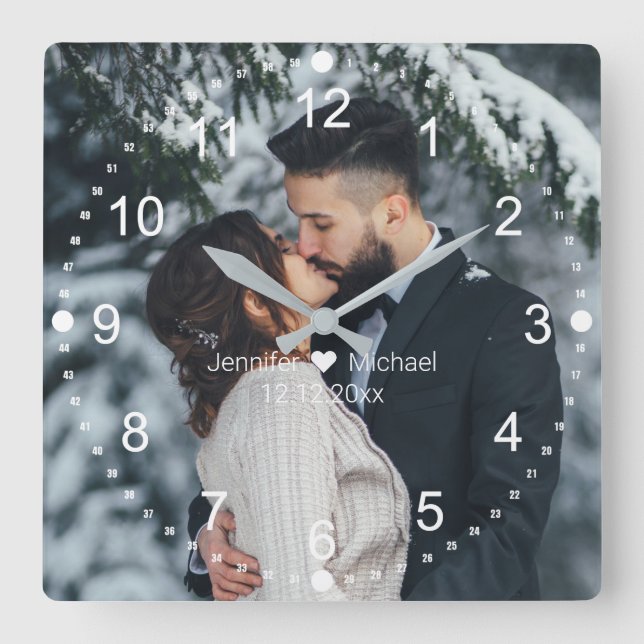 elegant wedding photo white classic numbers square wall clock (Front)