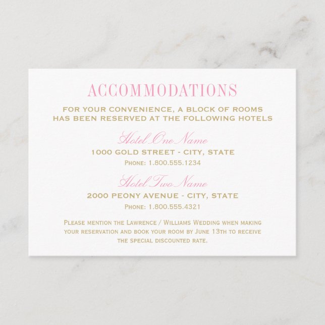 Elegant Wedding Pink Gold Accommodations Enclosure Card (Front)