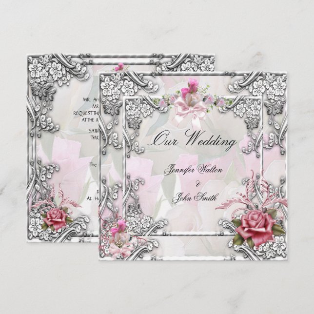 Elegant Wedding Pink Rose Silver White Invitation (Front/Back)