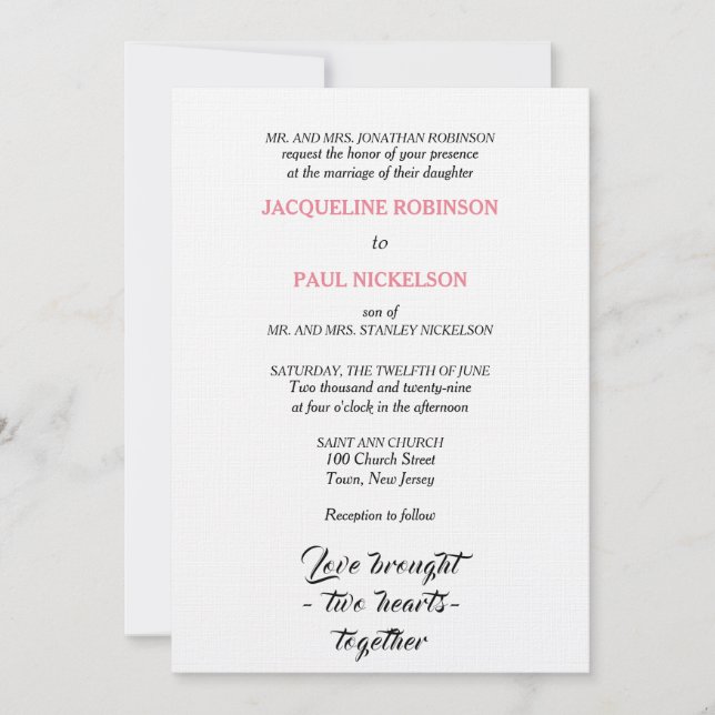 Elegant Wedding Pink White Two Hearts Invitation (Front)
