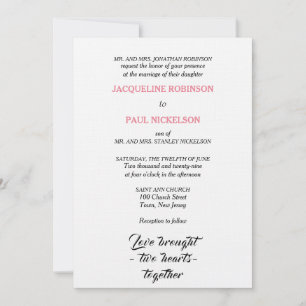 Elegant Wedding Pink White Two Hearts Invitation