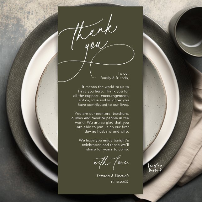 Elegant Wedding Place Setting Thank You Card (Elegant Wedding Place Setting Thank You Card in Olive Green)