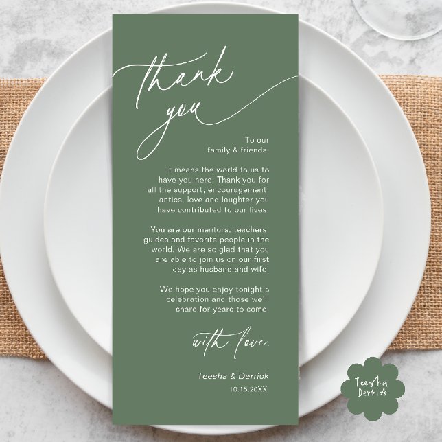 Elegant Wedding Place Setting Thank You Card (Elegant Wedding Place Setting Dinner Thank You Card in Sage Green)
