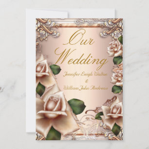 Elegant Wedding Pretty Beige Cream Gold Rose Invitation