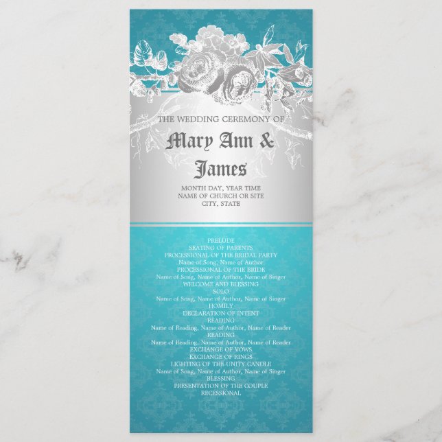 Elegant Wedding Program Baroque Flourish Blue (Front)