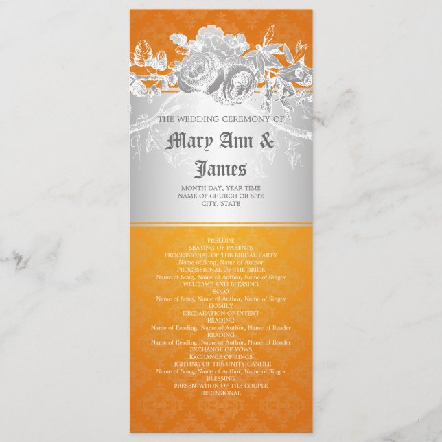 Elegant Wedding Program Baroque Flourish Orange (Front)