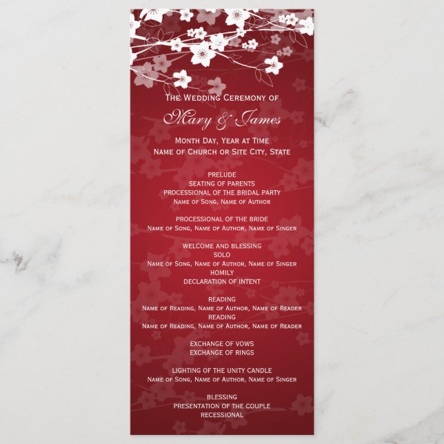 Elegant Wedding Program Cherry Blossom Red (Front)