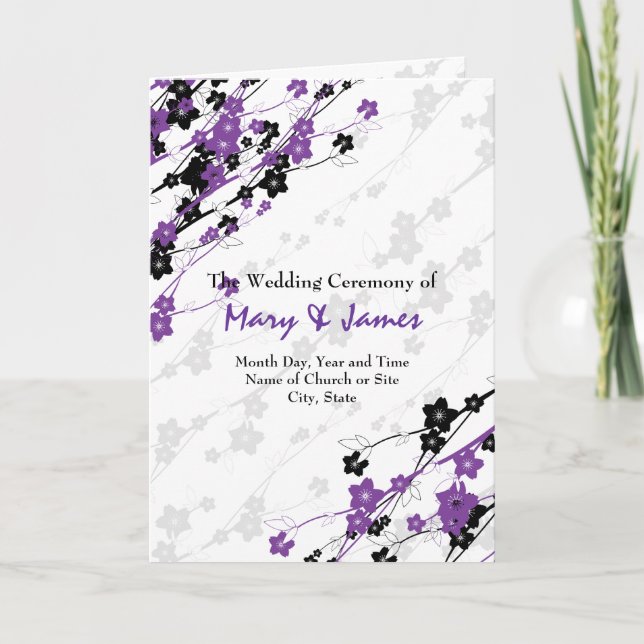 Elegant Wedding Program  Japanese Flowers Purple (Front)