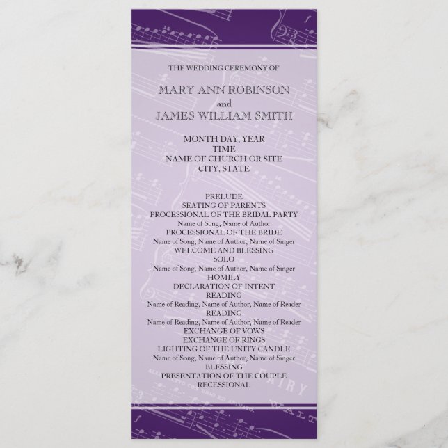 Elegant Wedding Program Sheet Music Purple (Front)