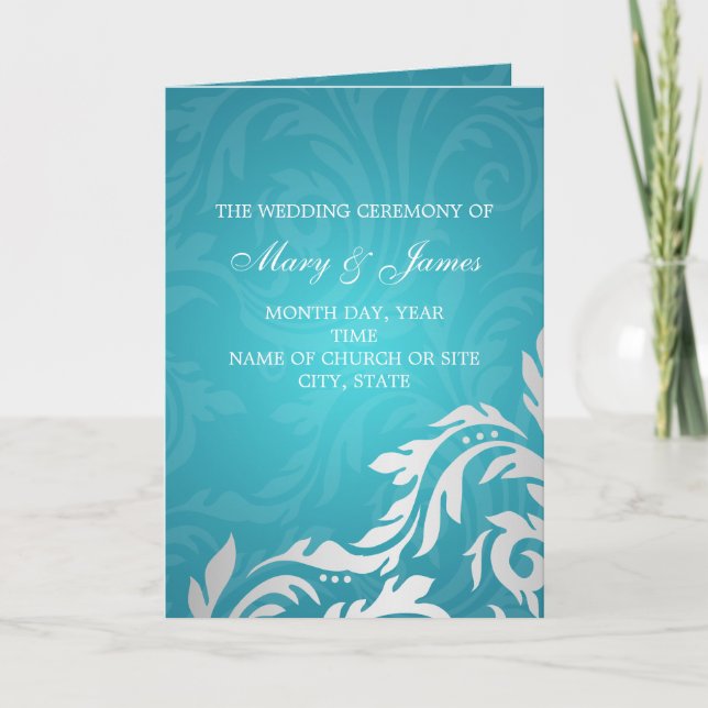 Elegant Wedding Program Swirly Flourish Aqua Blue (Front)