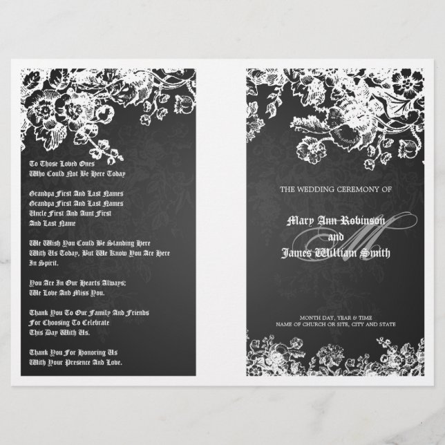 Elegant Wedding Program Victorian Flourish Black (Front)