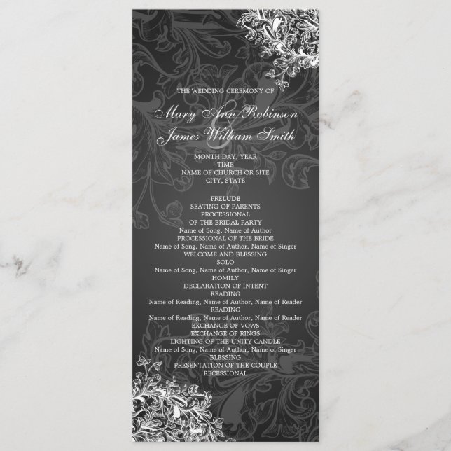 Elegant Wedding Program Vintage Swirls Black (Front)