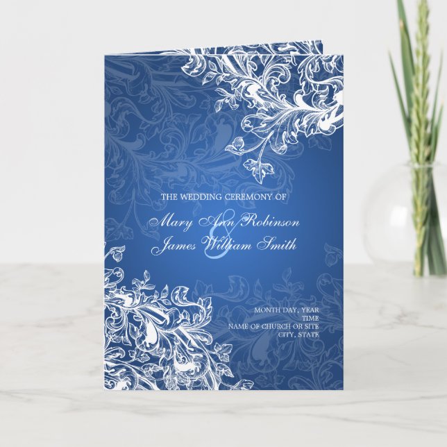 Elegant Wedding Program Vintage Swirls Blue (Front)