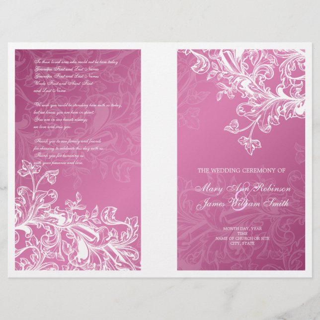 Elegant Wedding Program Vintage Swirls Pink (Front)