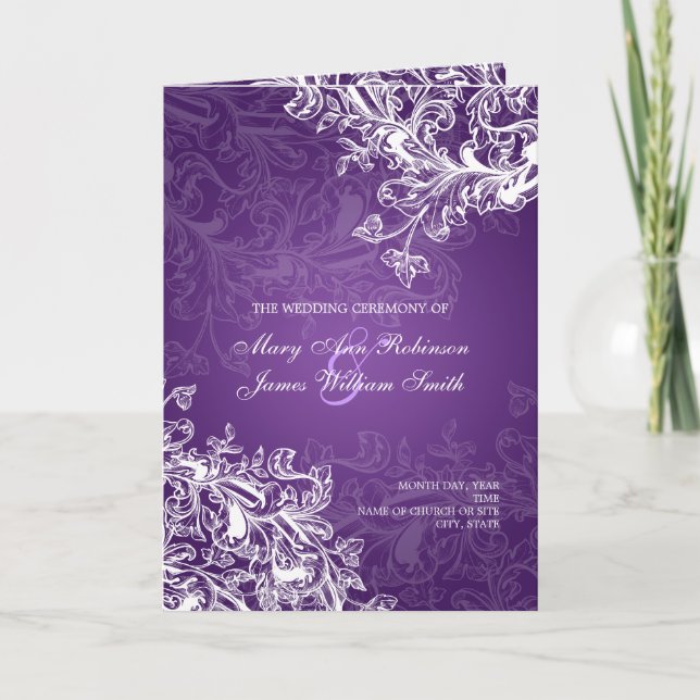 Elegant Wedding Program Vintage Swirls Purple (Front)
