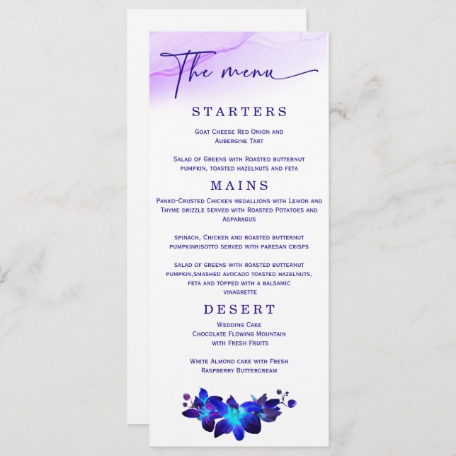 Elegant Wedding Purple and Blue Orchid Wedding Menu (Front/Back)