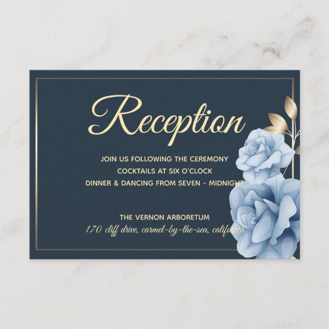 Elegant Wedding Reception Midnight blue floral Enclosure Card (Front)