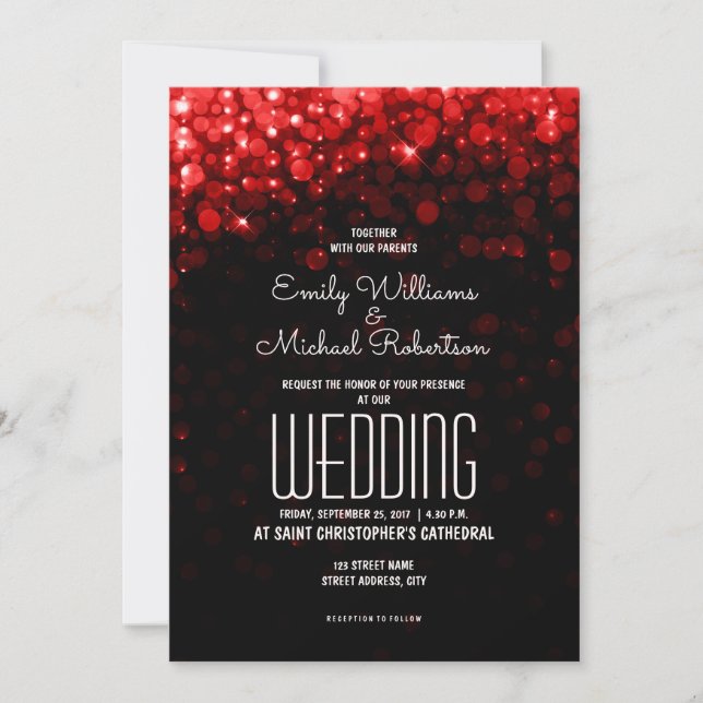 Elegant wedding red lights bokeh background invitation (Front)