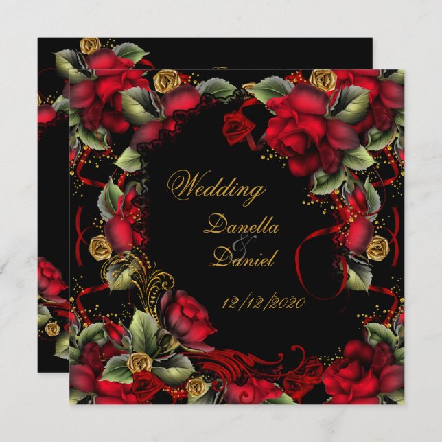 Elegant Wedding Red Roses Gold Black A Invitation (Front/Back)