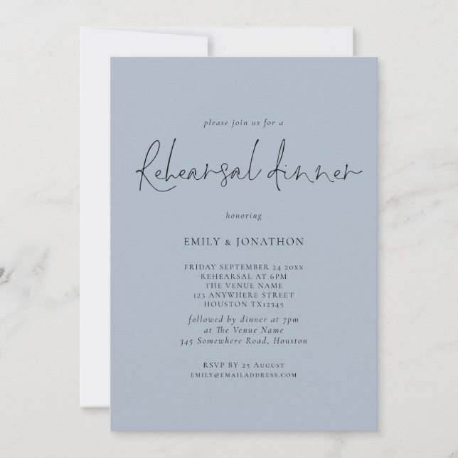 Elegant Wedding Rehearsal Dinner Dusty Blue Invitation (Front)