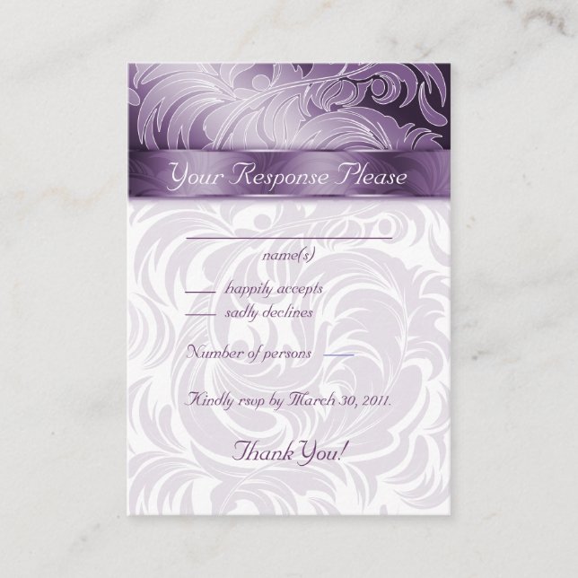 Elegant Wedding Response Cards Floral Leaf Purple (Front)
