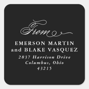 Elegant wedding return address black and white square sticker