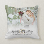 Elegant Wedding Rings Photo Commemorative White Throw Pillow<br><div class="desc">Create an elegant commemorative white wedding keepsake throw pillow featuring a wedding photo of the new bride and groom, an elegant calligraphy script font for the couple's names accented with wedding rings and their wedding date. Makes a meaningful wedding or holiday gift for the newlyweds or create one to commemorate...</div>