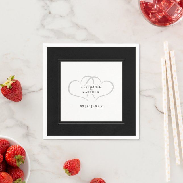 Elegant Wedding Romantic Hearts Black White Paper Napkin (Insitu)