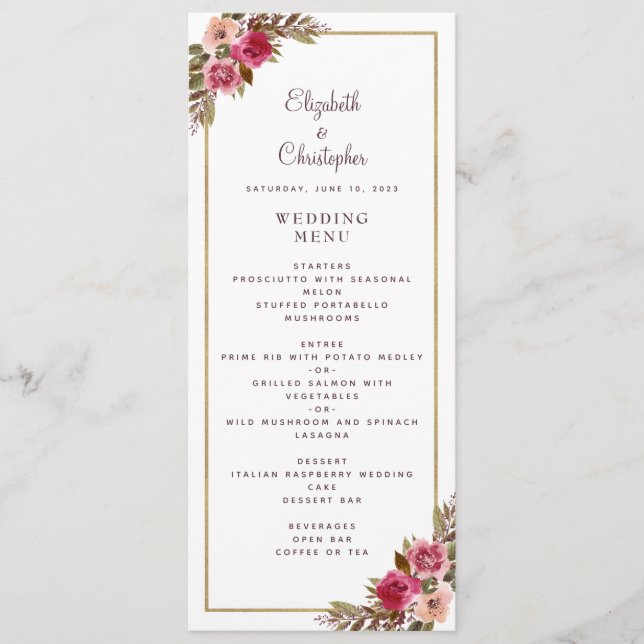 Elegant Wedding Rose Floral Gold Frame White Menu (Front)