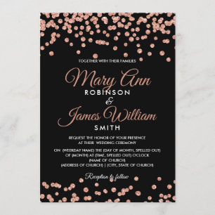 Elegant Wedding Rose Gold Glitter Confetti Black Invitation