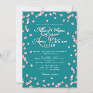 Elegant Wedding Rose Gold Glitter Confetti Teal Invitation
