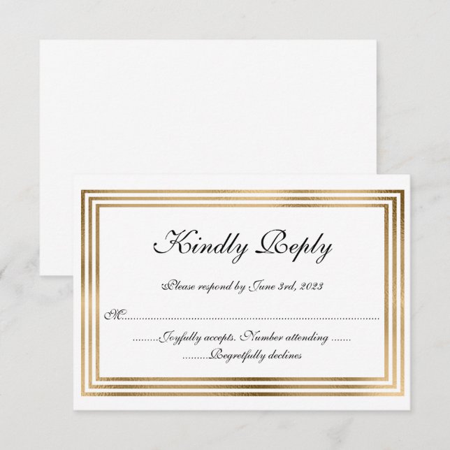 Elegant Wedding RSVP card with gold foil border (Front/Back)