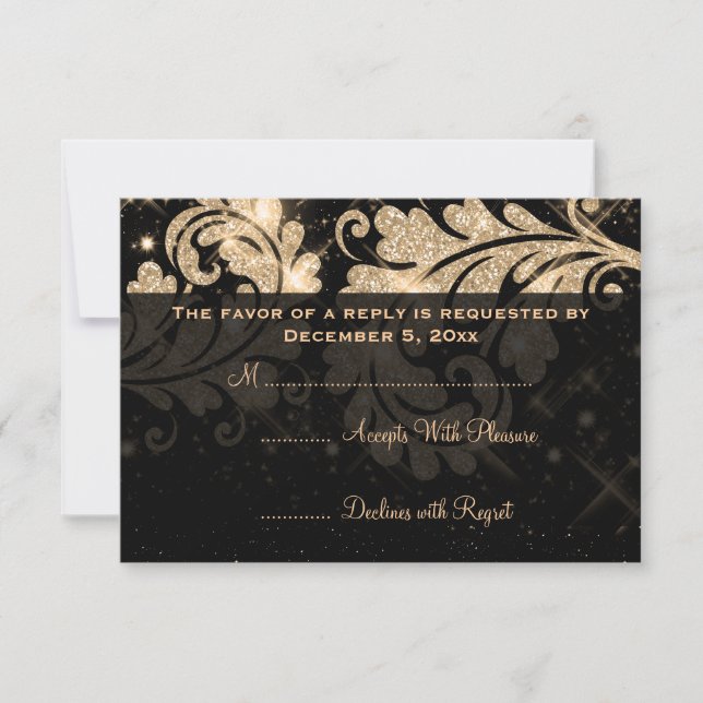 Elegant Wedding RSVP Gold Floral Glitter Swirl (Front)