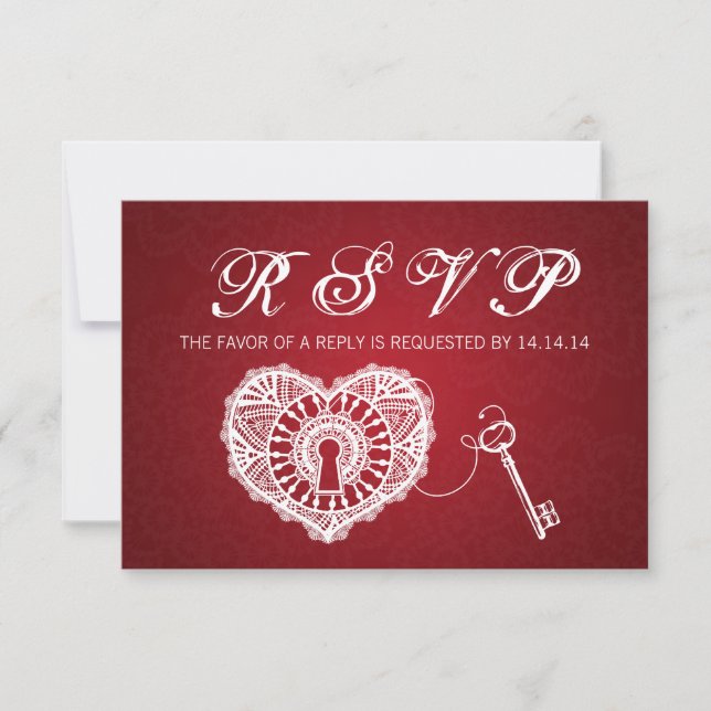 Elegant Wedding RSVP Key To My Heart Red Card (Front)