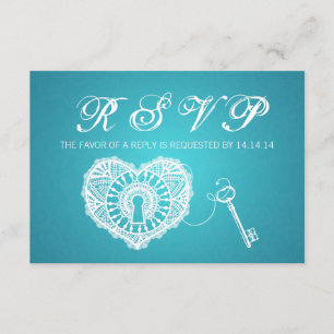Elegant Wedding RSVP Key To My Heart Turquoise Card