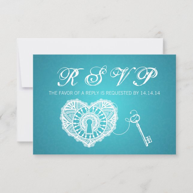 Elegant Wedding RSVP Key To My Heart Turquoise Card (Front)