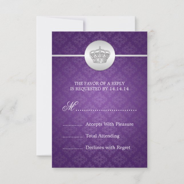Elegant Wedding RSVP Royal Crown Purple Card (Front)