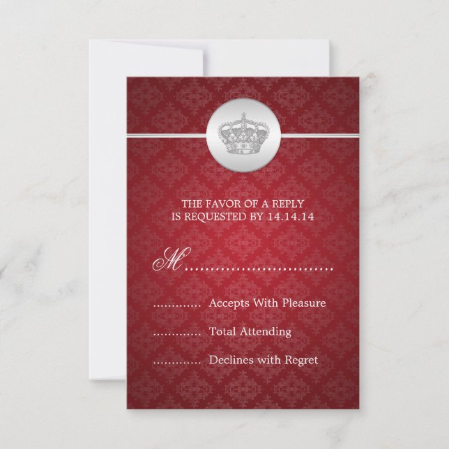 Elegant Wedding RSVP Royal Crown Red Card (Front)