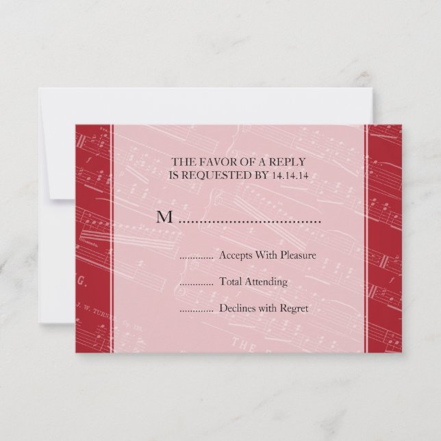 Elegant Wedding RSVP Sheet Music Red Card (Front)